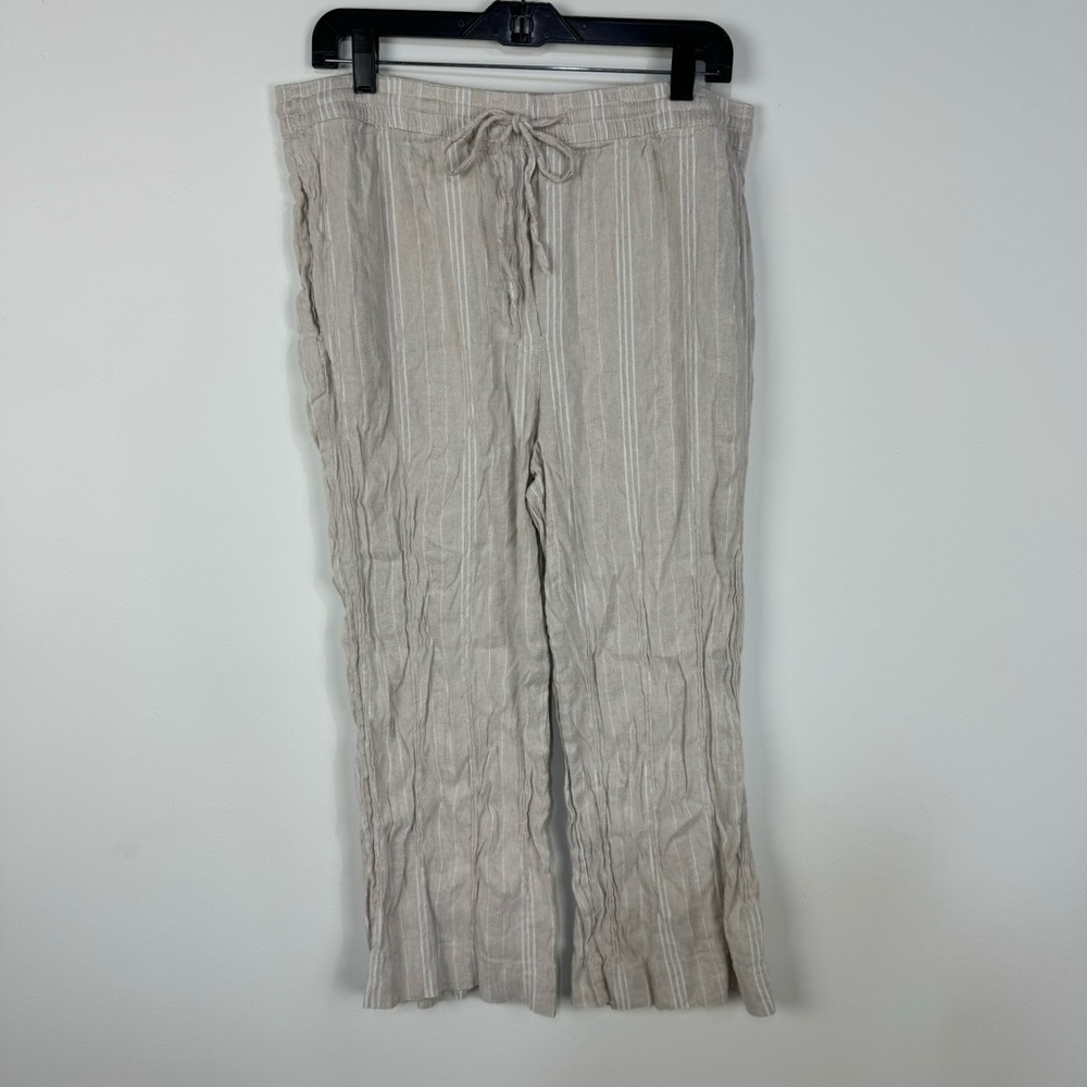 DKNY Cream Striped Linen Blend Cropped Flowy Straight Leg Coastal Pants Beach